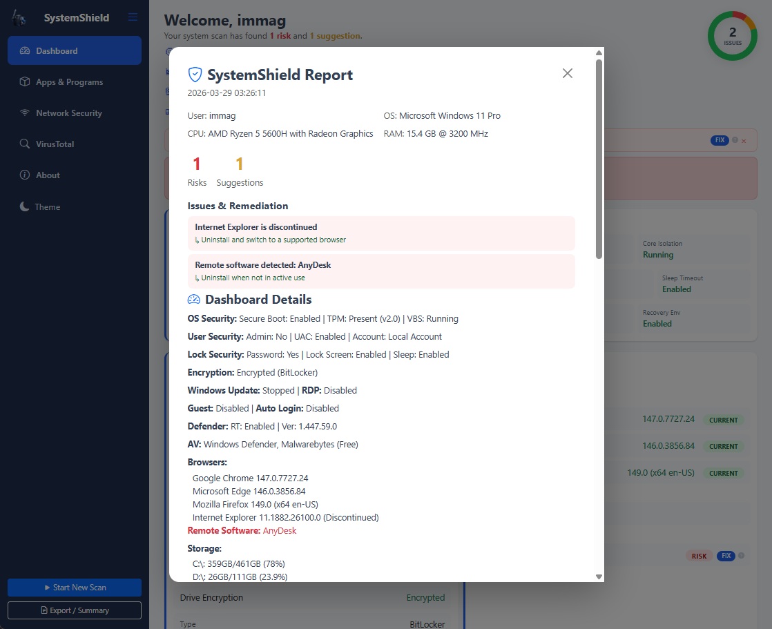 SystemShield report modal